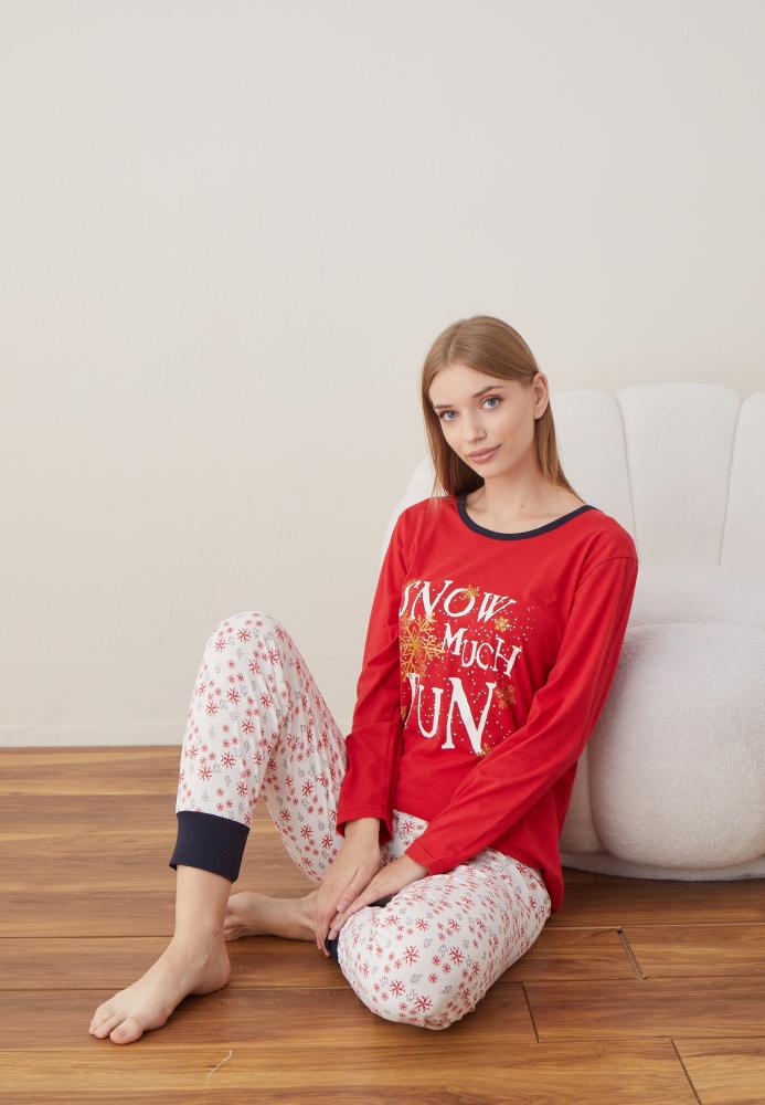 Pijama Dama Craciun " SNOW MUCH FUN " ,maneca lunga ,pantaloni lungi,Engros